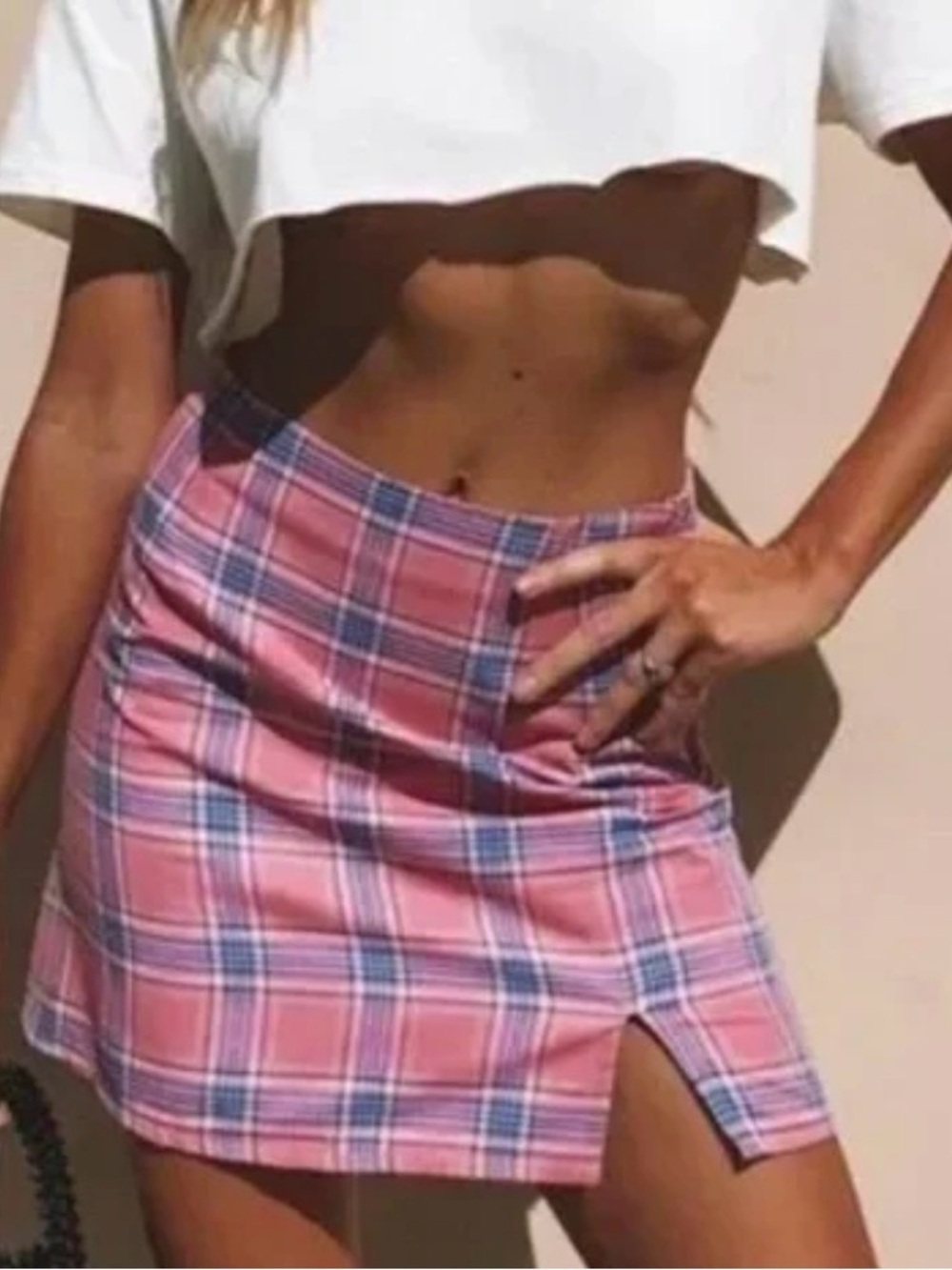 Princess Polly Pink Plaid Mini Skirt with Side Slit Size 4